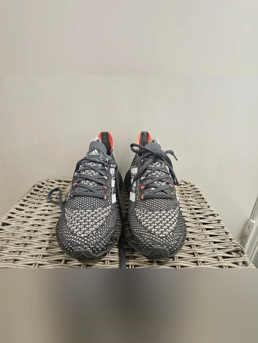 Adidas Men’s Gray Knit Running Sneakers with Coral Accents